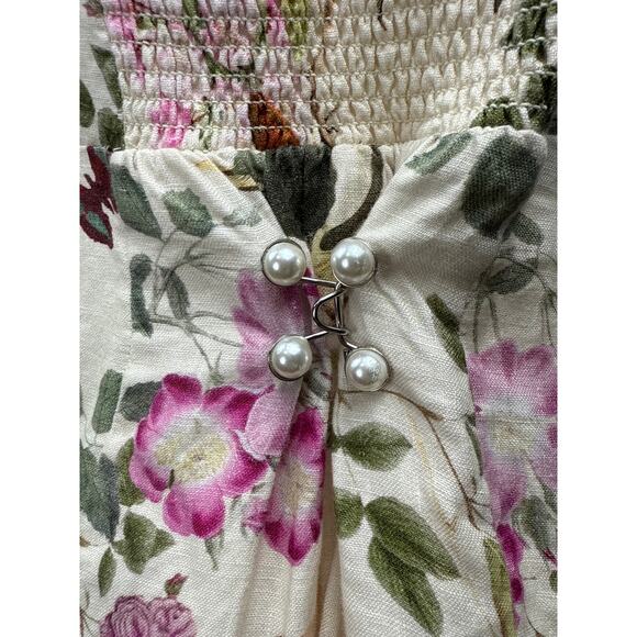 & Other Stories 100% Linen Floral Short Puff Sleeve Slit A Line Midi Dress Sz 6 - Picture 5 of 7
